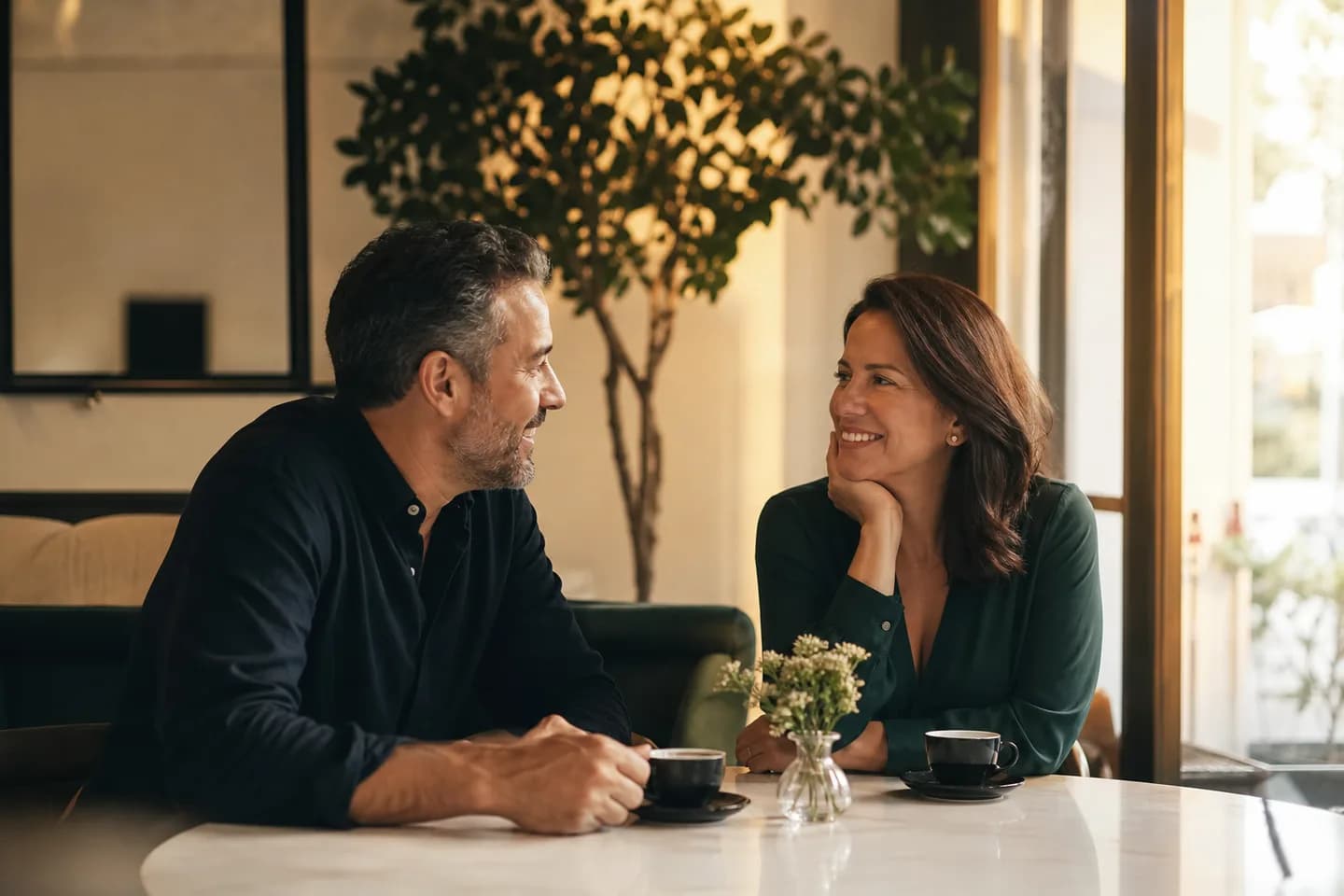 Casal adulto conversando com tranquilidade em um café